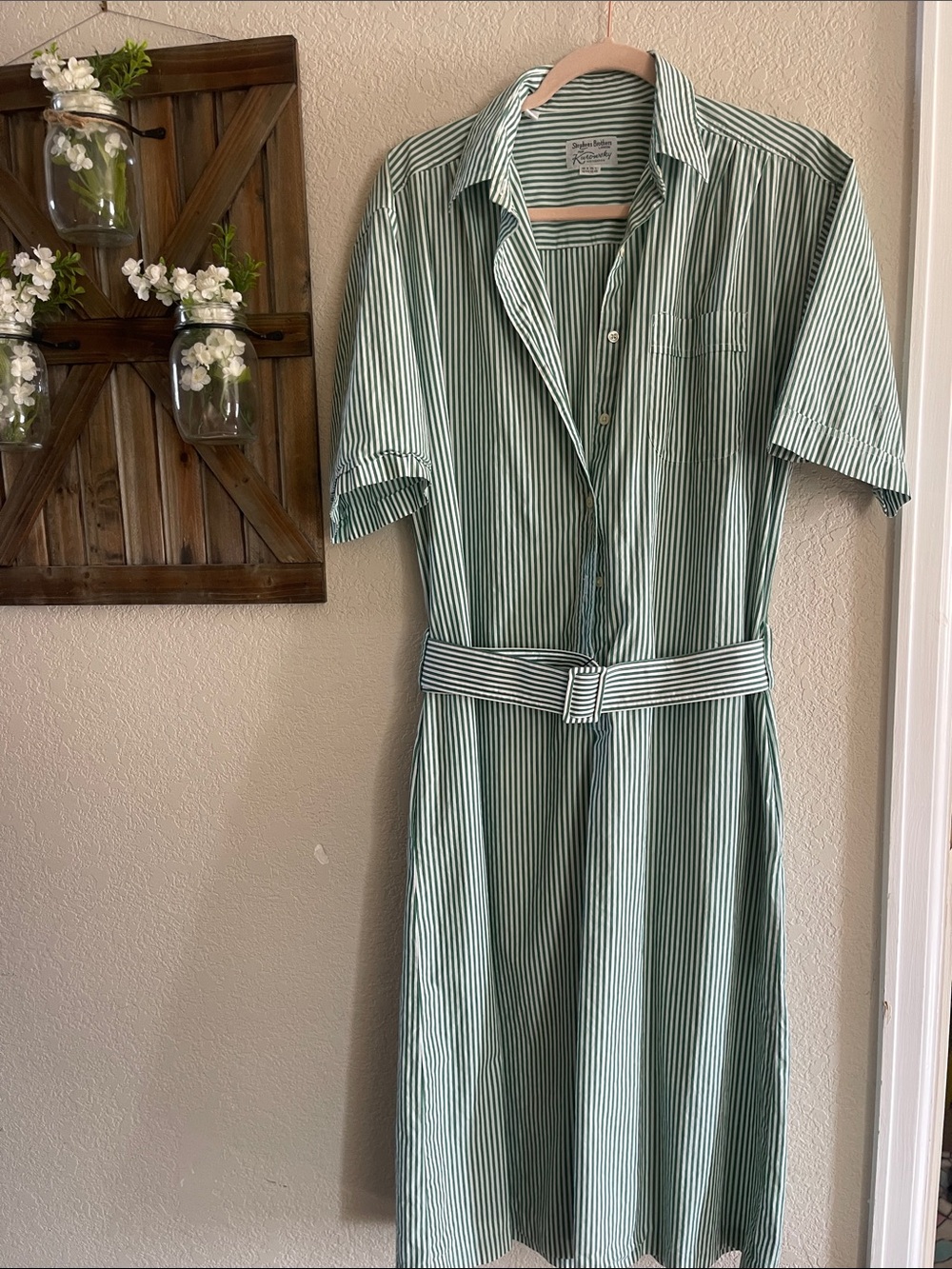 Striped Green Midi Shirt Dress with Belt